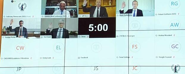 Руководителей Big Tech приводят к присяге для дачи показаний в режиме видеоконференции во время слушания.