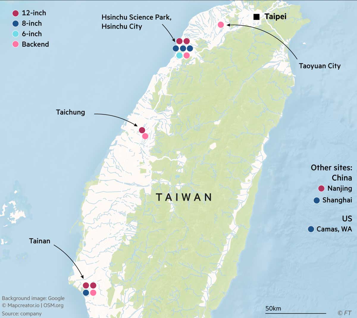 Сильная концентрация фабрик TSMC на Тайване. Фабрики группы, по типу и местоположению.