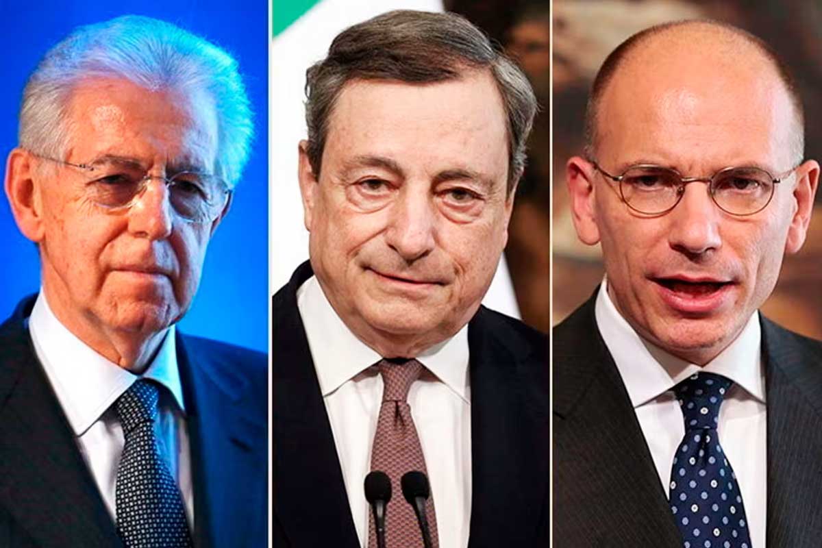 Бывшие итальянские премьер-министры Марио Монти, Марио Драги и Энрико Летта.
