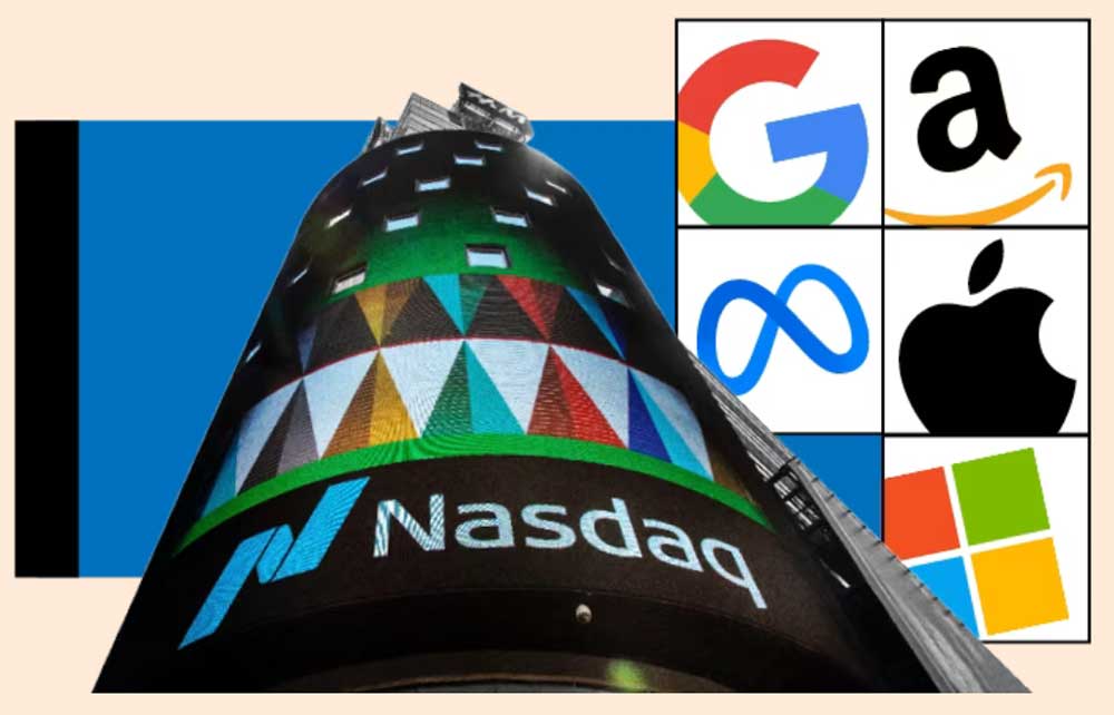 Баннер Nasdaq с логотипами Google, Amazon, Meta, Apple и Microsoft.