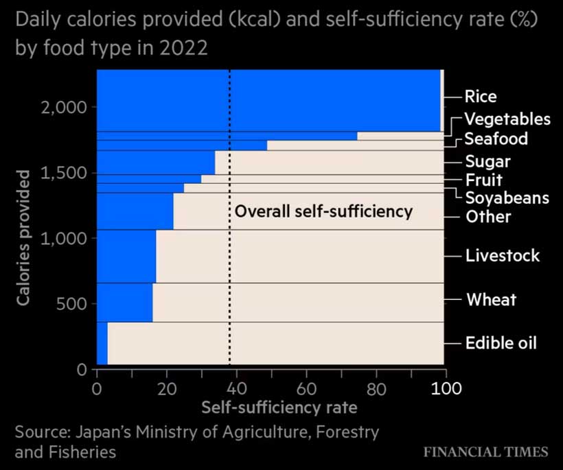 Нехватка работников углубляет зависимость Японии от импорта продуктов питания. Ежедневные калории (kcal) и уровень самообеспеченности (%) по различным типам продуктов в 2022 году.