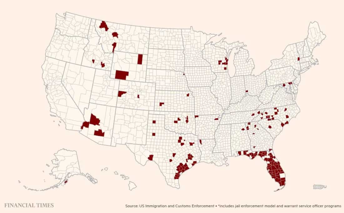 Флорида и Техас лидируют в добровольных иммиграционных соглашениях на местном уровне. Правоохранительные органы, которые подали заявку на соглашение 287(g) с ICE, по округам штатов.