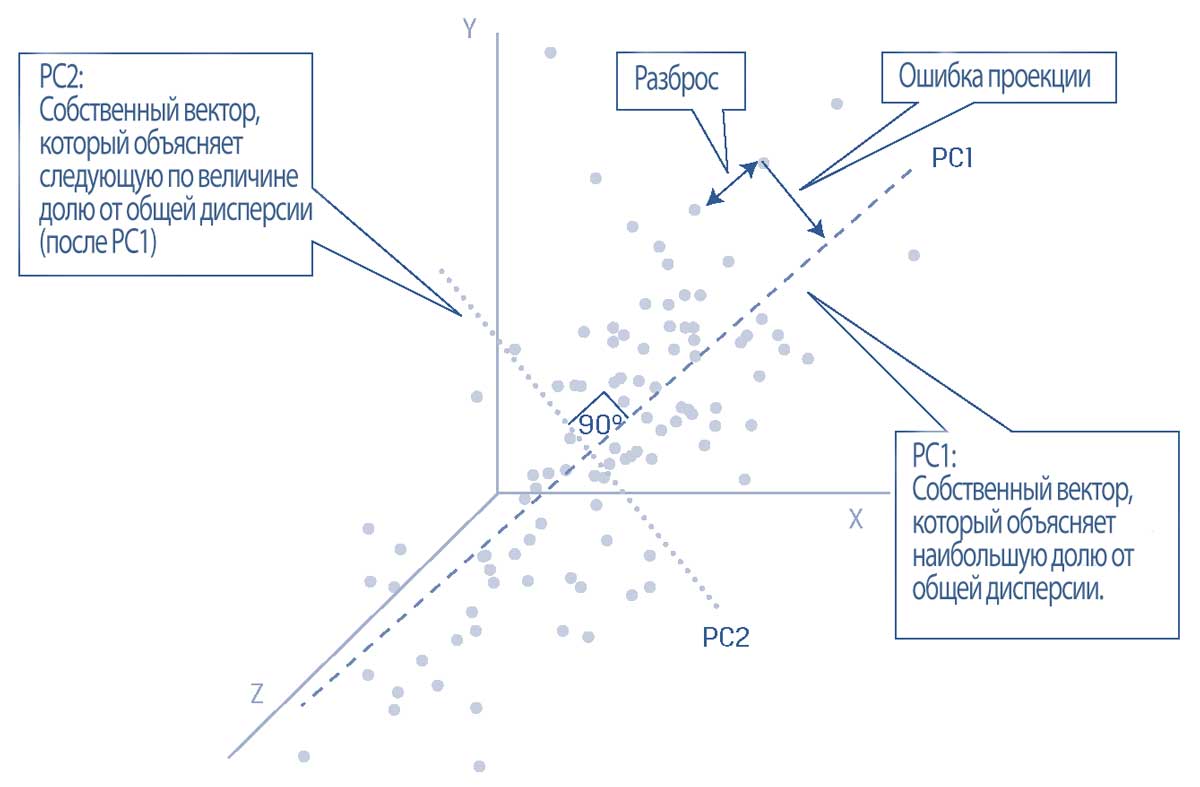 Иллюстрация 18. Первый и второй главные компоненты гипотетического трехмерного набора данных.