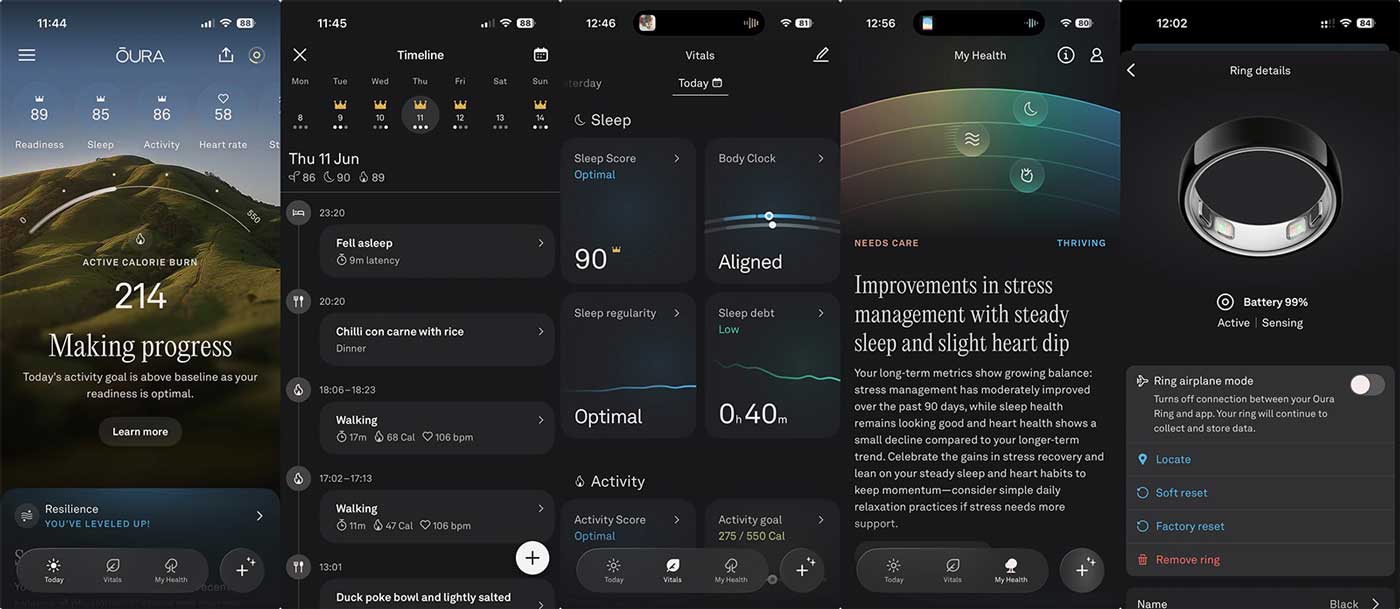 Скриншоты из приложения Oura на iPhone. Приложение Oura обрабатывает все: от отображения и анализа ваших данных до уведомлений об активности, настроек и обновлений.