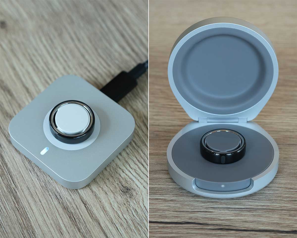 Oura Ring 5 на зарядной док-станции или в чехле для зарядки. Полная зарядка занимает менее 90 минут с помощью прилагаемой док-станции, но лучше всего подзаряжать кольцо понемногу каждый день, например, когда вы принимаете душ. Также доступен удобный дорожный зарядный футляр, рассчитанный на 5 полных зарядок.