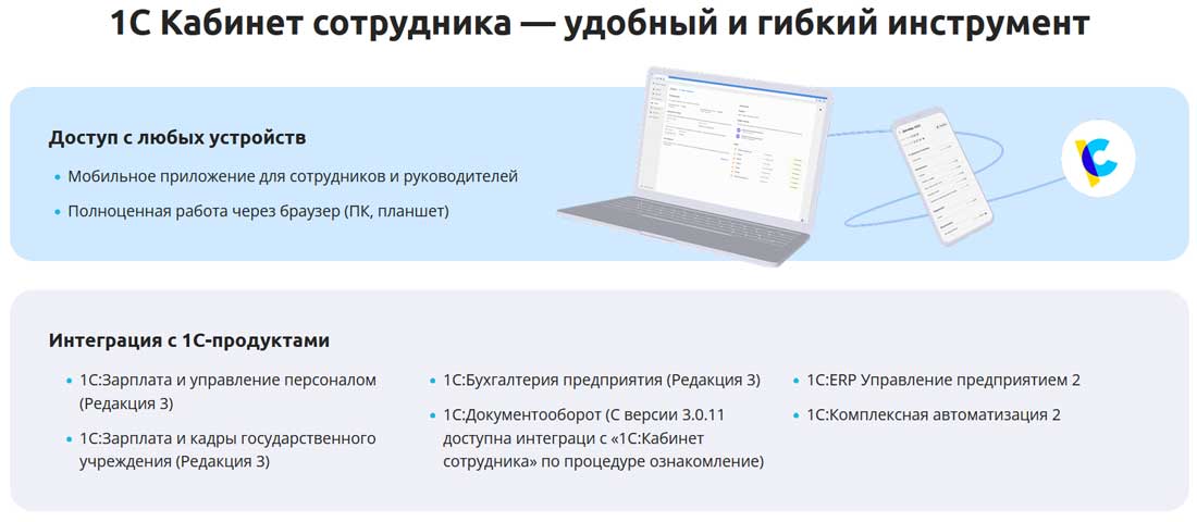 1С Кабинет сотрудника - удобный и гибкий инструмент: доступ с любых устройств, интеграция с 1С-продуктами.